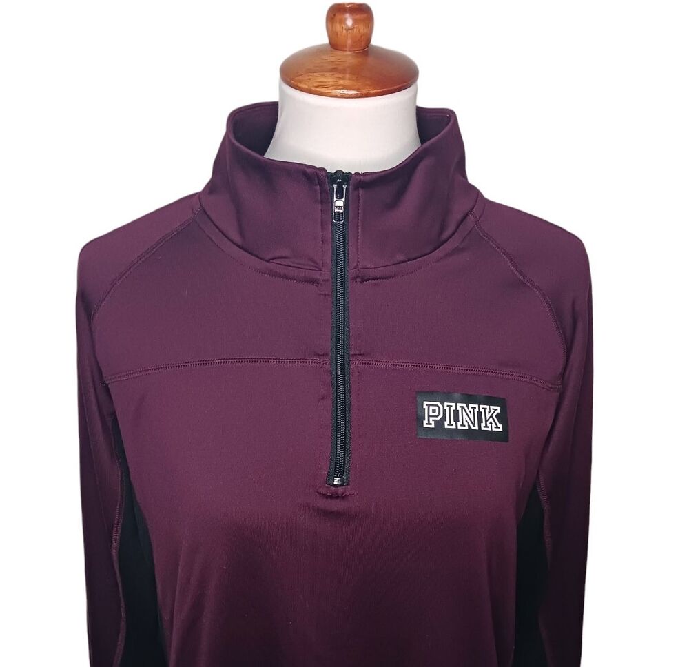 Victoria's Secret PINK Ultimate Maroon Black 1/4 Zip Sz Large Activewear Top Y2K